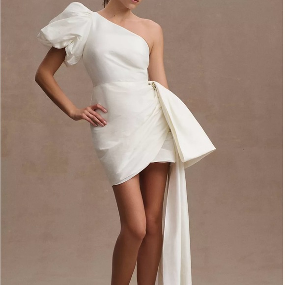 Anthropologie Sachin & Babi Dorien Puffed One-Shoulder Bow Train Wrap Mini Dress - Picture 1 of 8